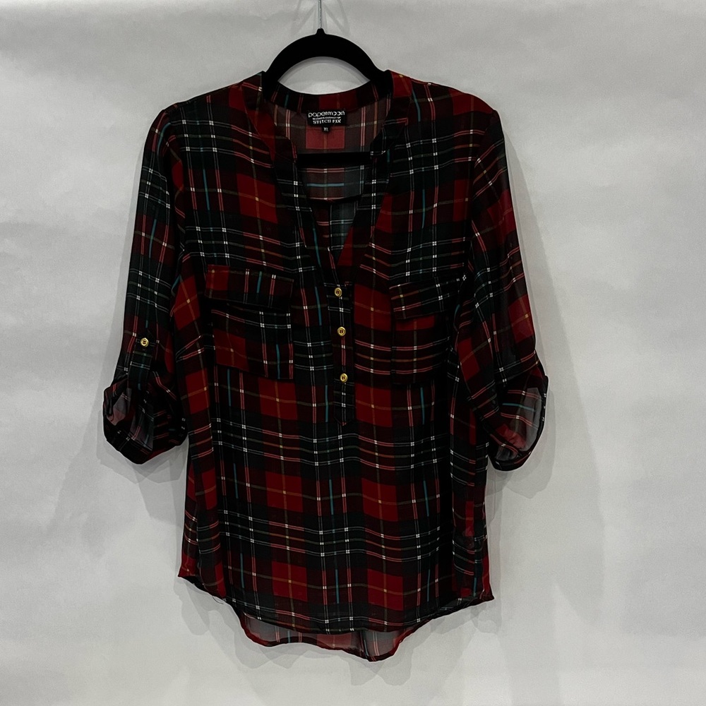 Stitchfix PaperMoon Plaid Semi Sheer Roll Tab Sleeve Top Size XL